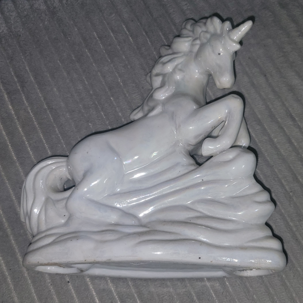 Classic Lusterware Unicorn on Cliff  White Porcelain Mythical Shelf Figurine